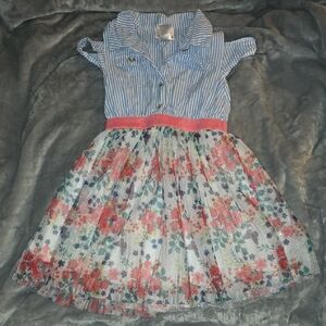 Little Lass Blue & White Striped Cold Shoulder Cotton Dress Floral Bottom, Sz 5